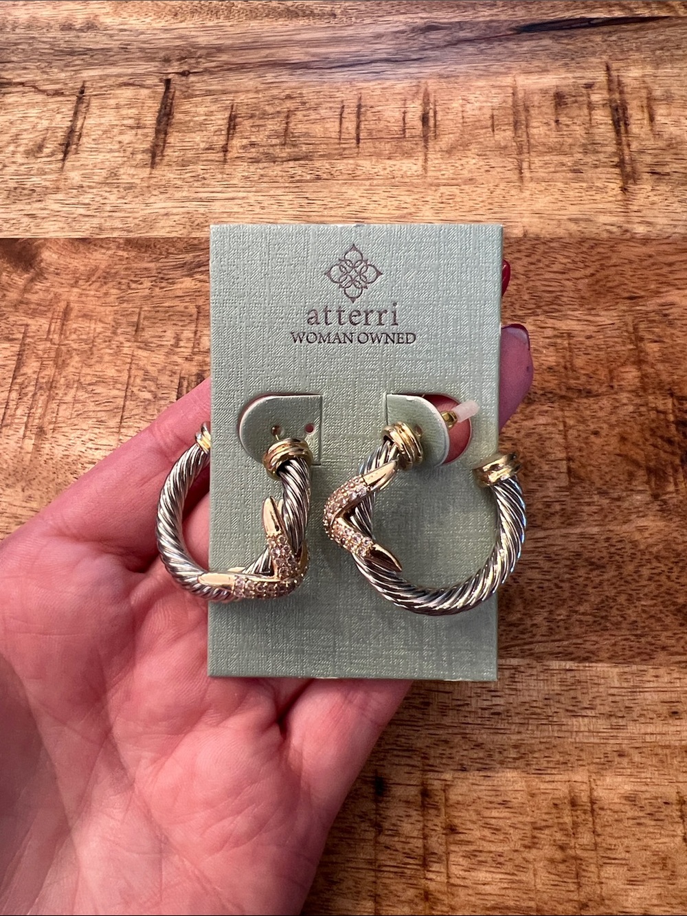 Two-Tone Gold X Pavé Hoop Earrings - Picture 6 of 7